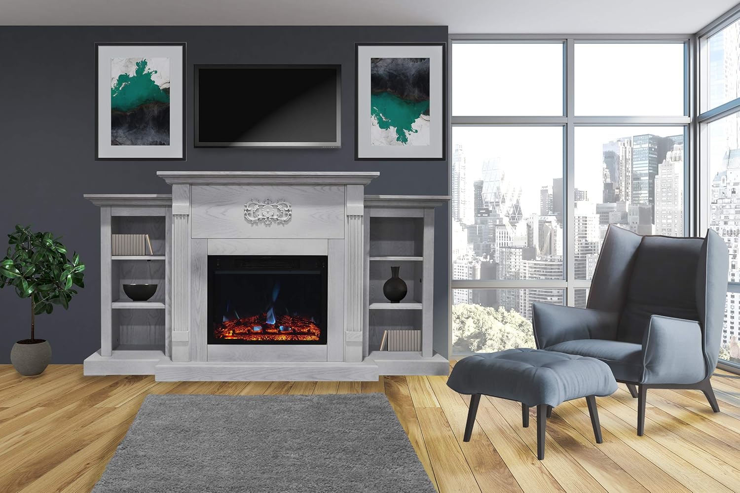 Electric Fireplace with White Mantel and Remote U44508