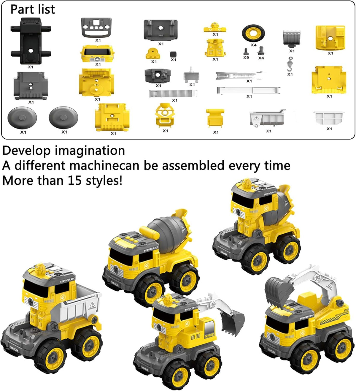 5 in one Construction Truck Take Apart Toy with Electric Drill D304