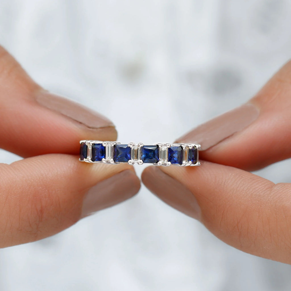 Lab Created Blue Sapphire Half Eternity Ring with Diamond - 2 CT, 14K White Gold, US 6.00 L617