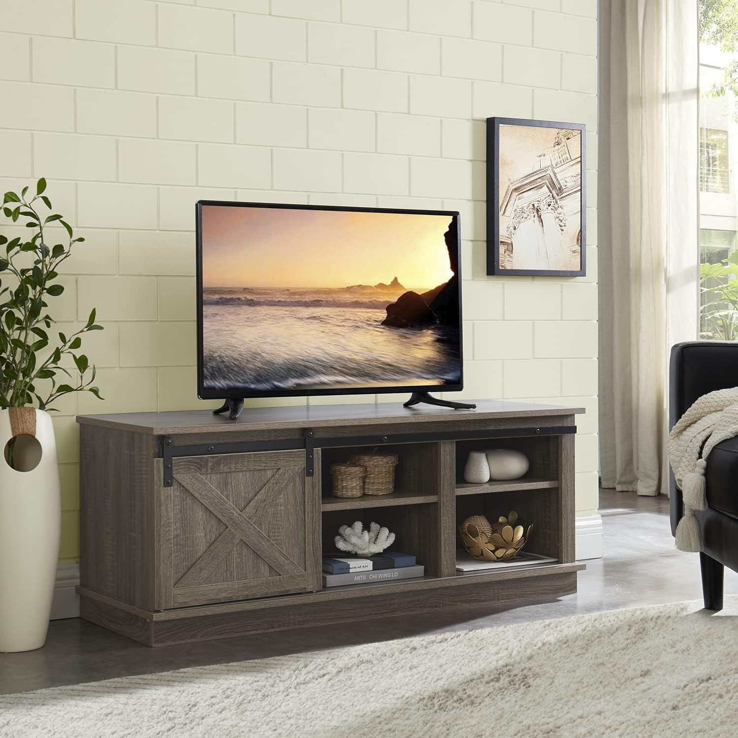 Grey Sliding Barn Door TV Stand with Storage Cabinet and Shelves N7147