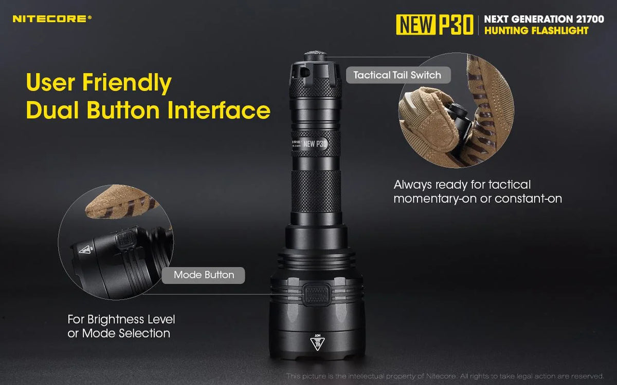 NITECORE P30 Hunting Flashlight, 1000 Lumens, USB-C Rechargeable Battery Included, and UMS2 Charger G9634