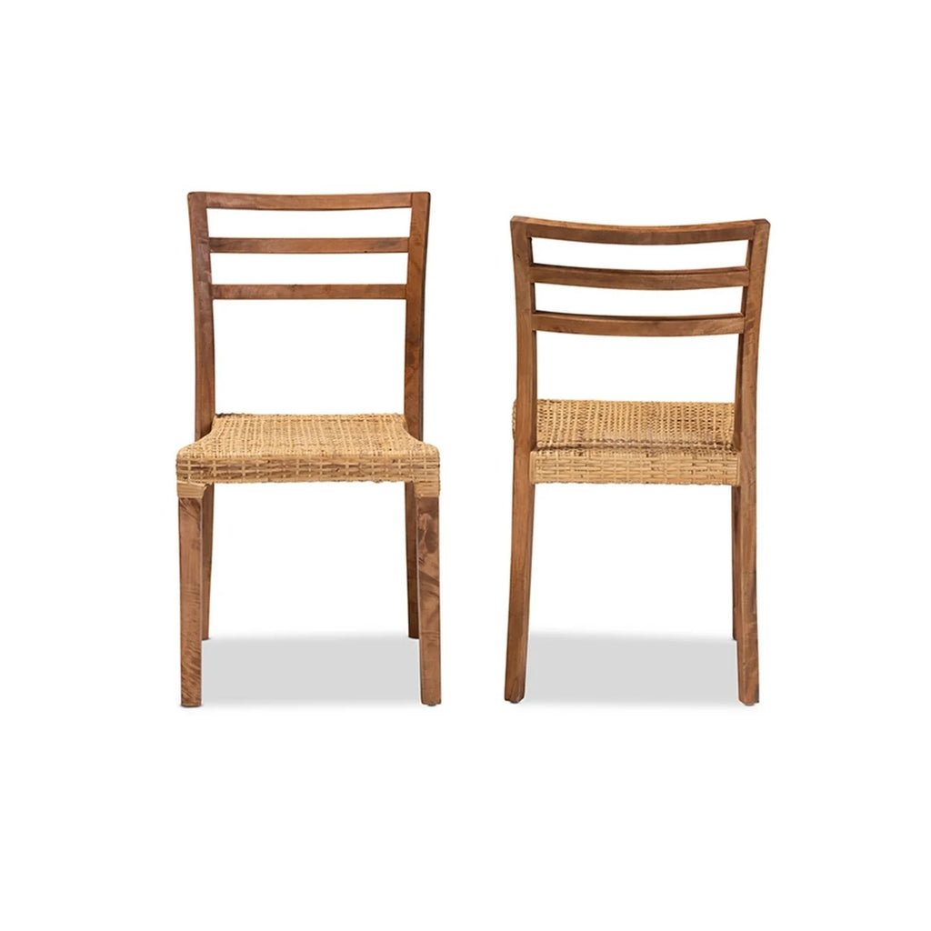 Walnut Brown Wood and Natural Rattan 2-Piece Dining Chair Set S2657