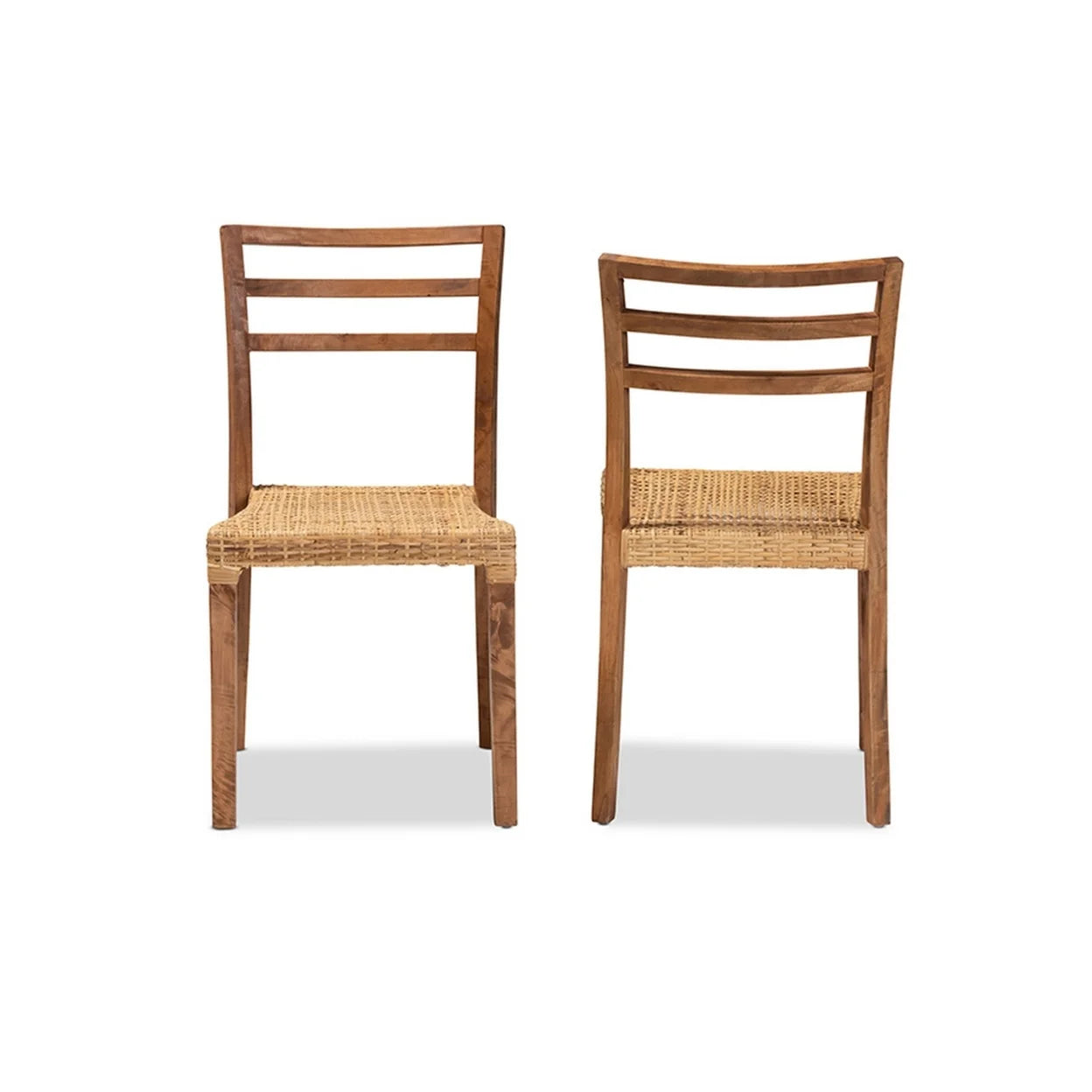 Walnut Brown Wood and Natural Rattan 2-Piece Dining Chair Set S2657