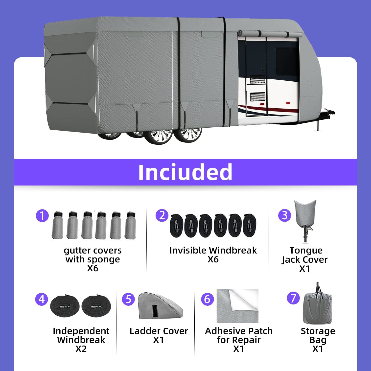 RV Cover 7 Layers Top Camper Cover for 27' to 30' RV with Tongue Jack Cover J14086