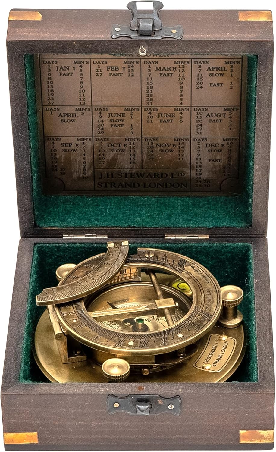 Antique Look Brass Sundial Compass with Wooden Box, Pack of 2 D377