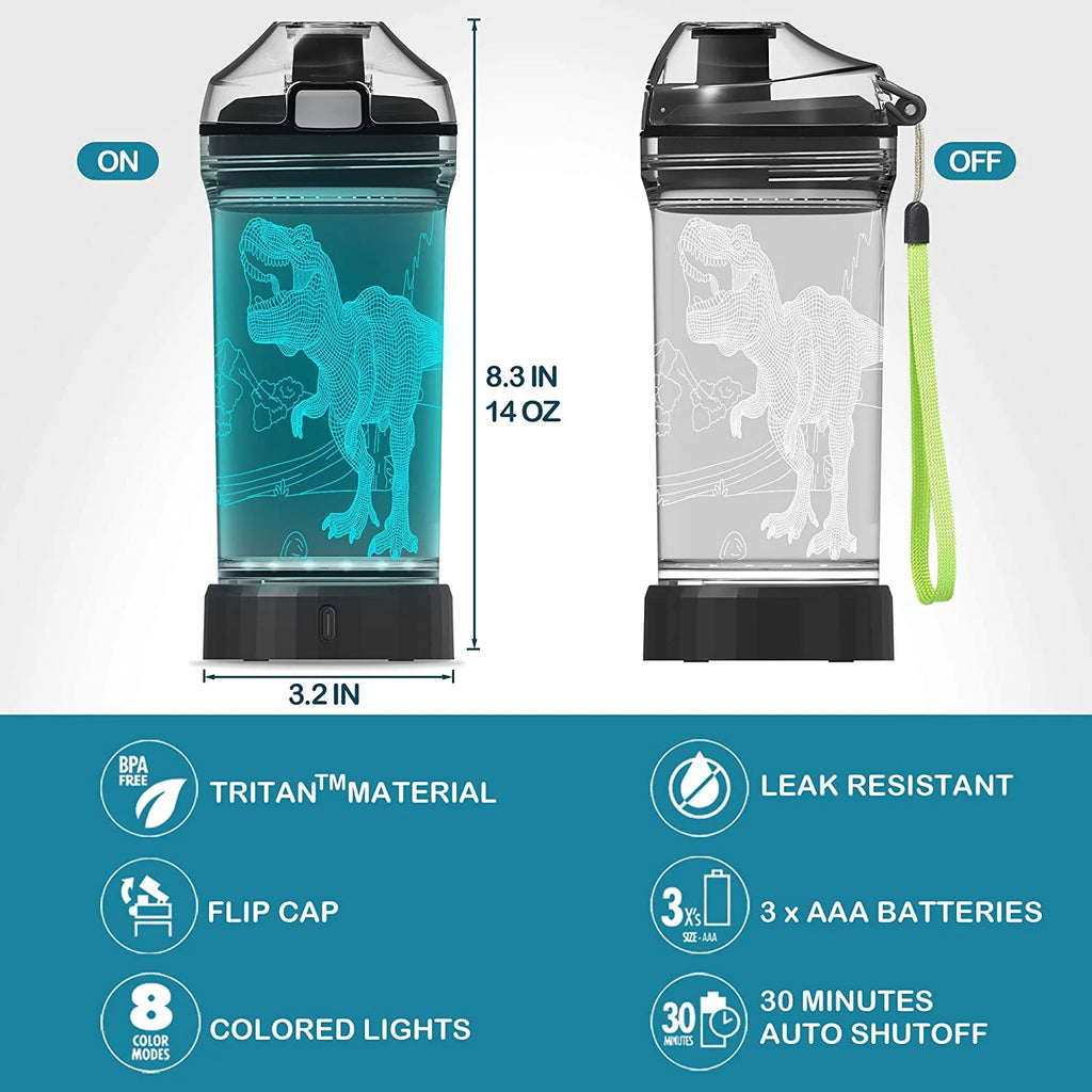 Light Up Kids Water Bottle with 3D Dinosaur Design, 14 OZ Tritan BPA Free H604951