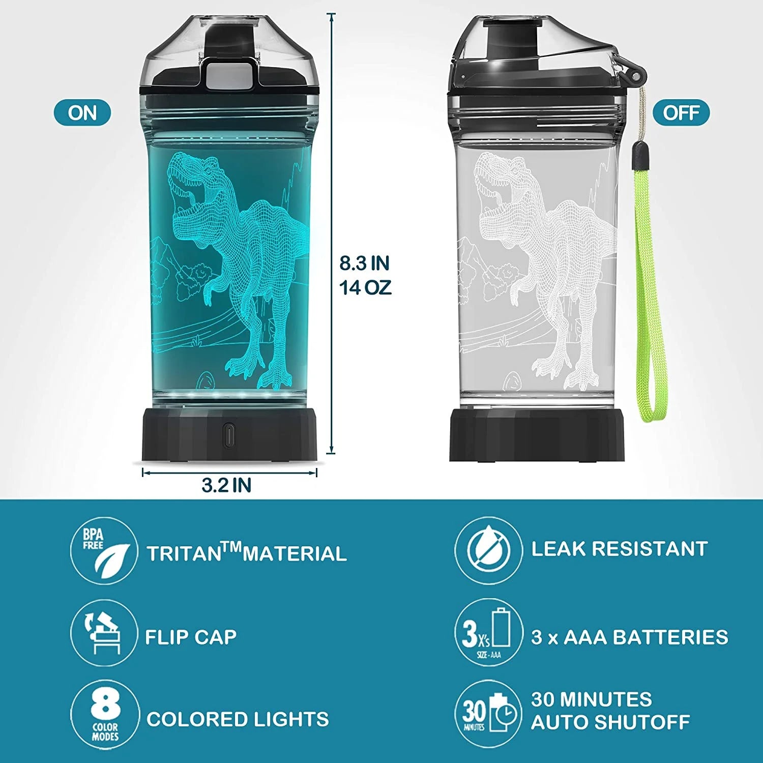Light Up Kids Water Bottle with 3D Dinosaur Design, 14 OZ Tritan BPA Free H604951