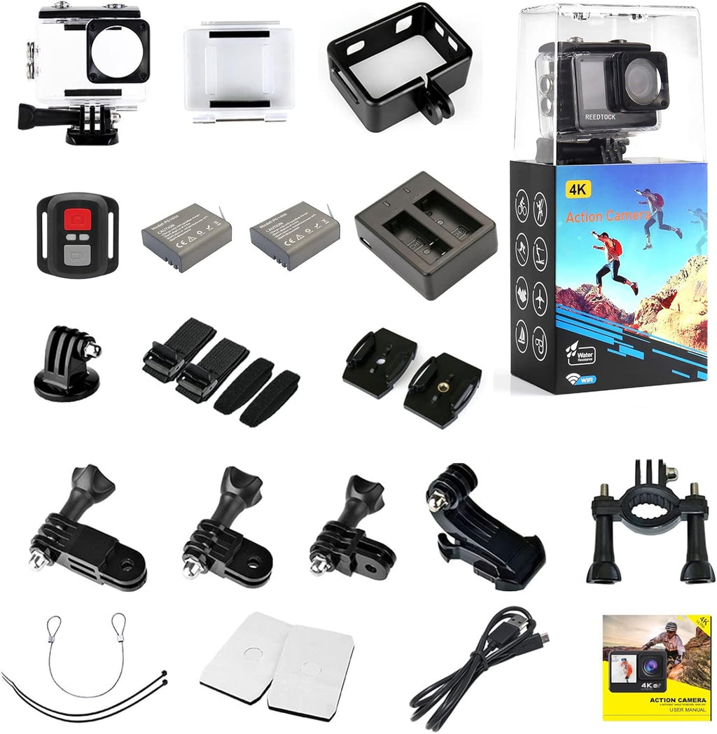 Action Camera 4K 24MP 2.0 Touch LCD Dual Screen Waterproof Sports Video Recorder 2 Batteries Accessories Kit Pack of 2 Q125