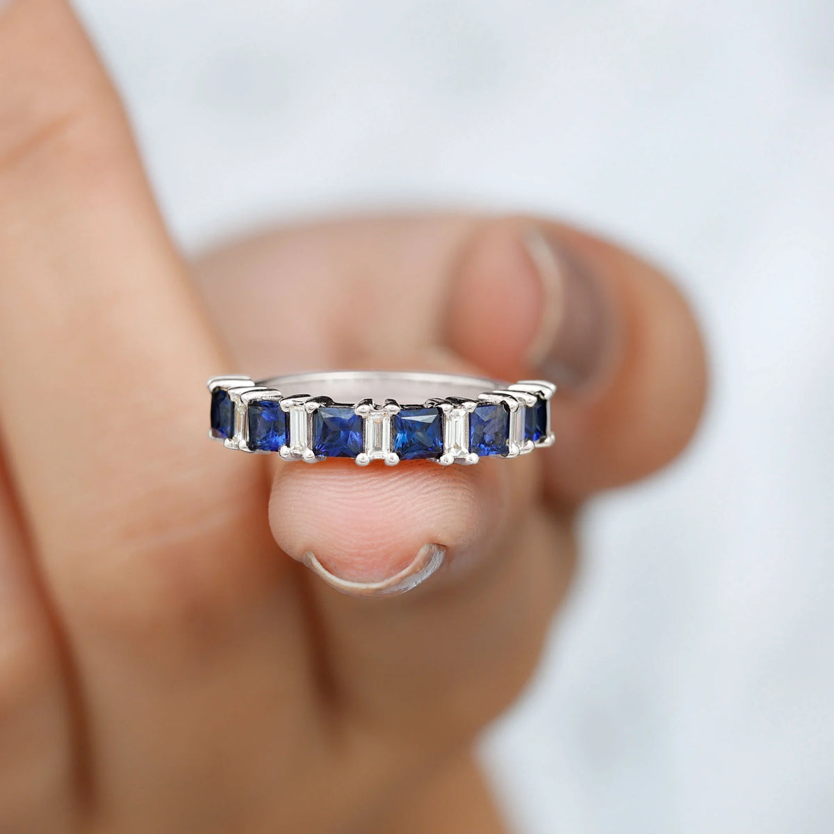 Lab Created Blue Sapphire Half Eternity Ring with Diamond - 2 CT, 14K White Gold, US 6.00 L617