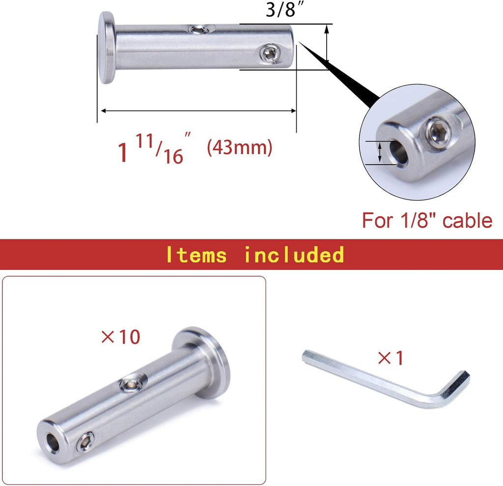 10Pack Cable Railing Kit Invisible Swageless 1/8 Terminal Receiver Flat Head Hidden for 2x2 Metal Post Deck Stairs X675