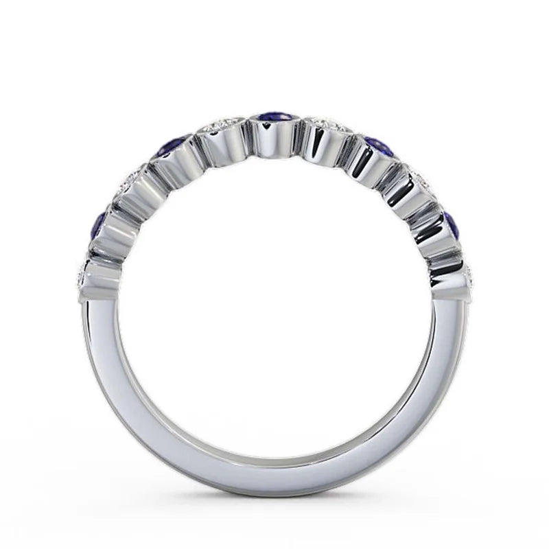14K White Gold Eternity Band with Round Cut Diamond and Blue Sapphire Q19994