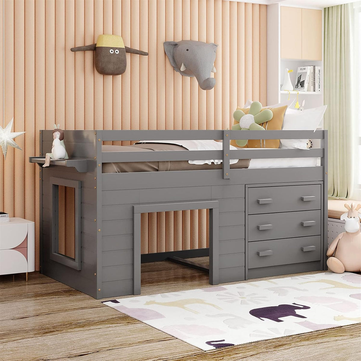 Espresso Wood Twin Low Loft Bed Frame with Storage Drawers D589285