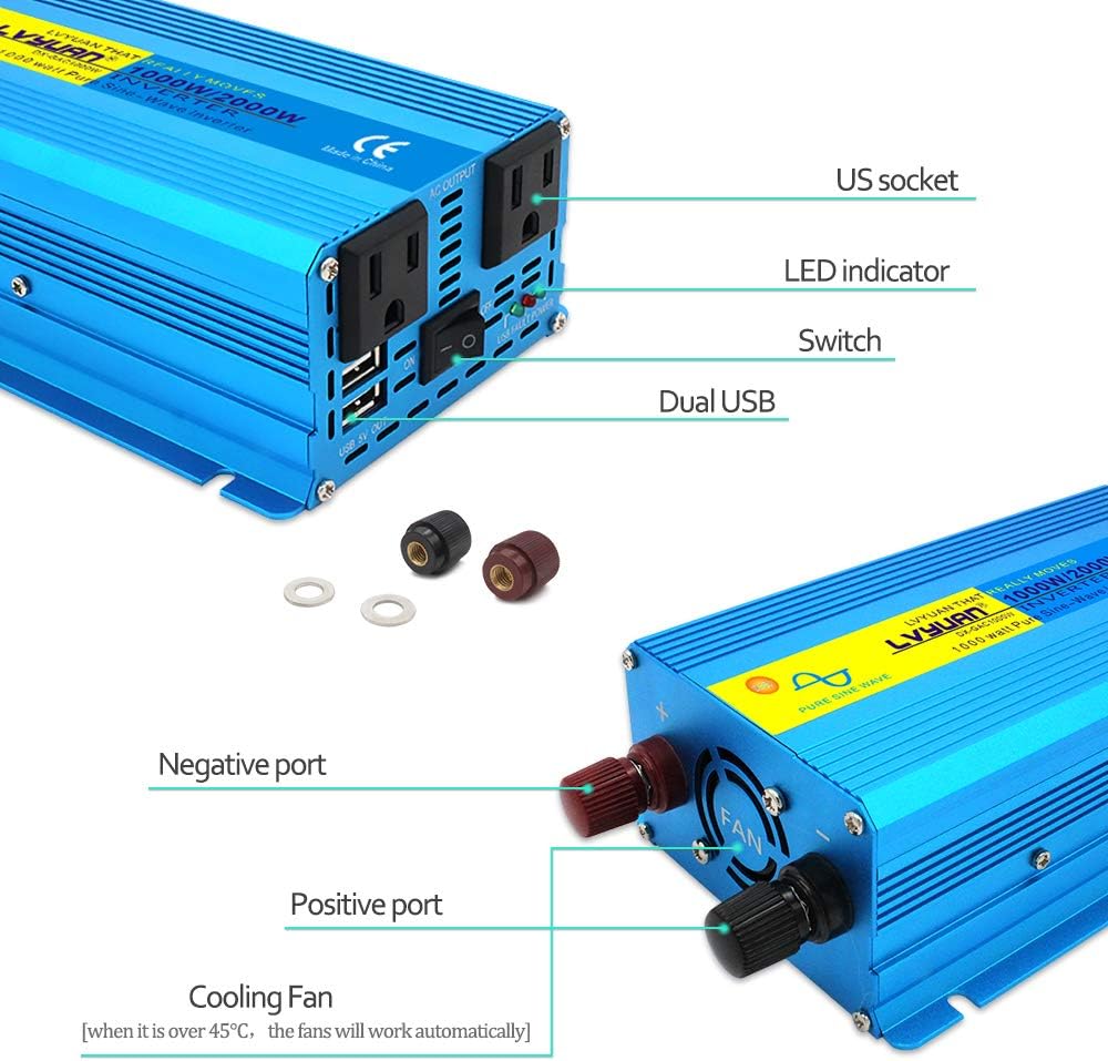 1000W Pure Sine Wave Power Inverter 12V to 110V DC to AC Converter Dual USB Ports Dual AC Outlets Pack of 2 Y39590