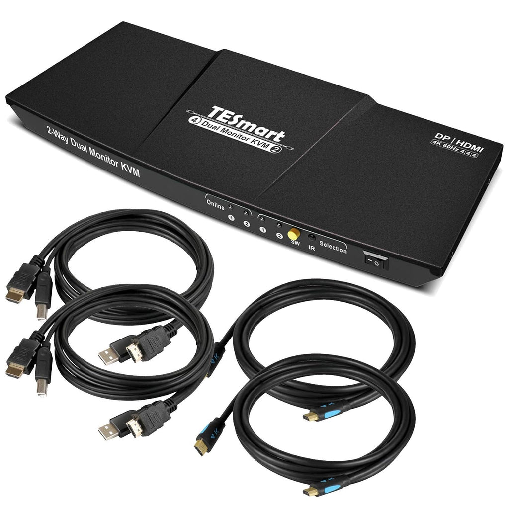 Dual Monitor 2 Inputs 4K@60Hz 2x2 DP KVM Switcher with 2 Pcs 5ft KVM Cables and DP Cables E486
