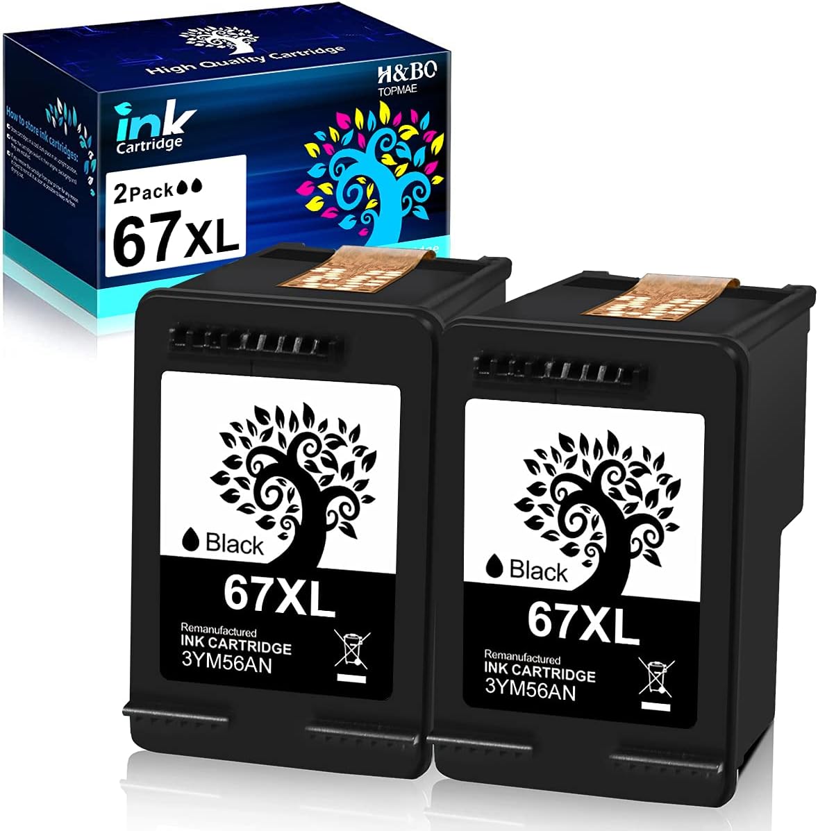 2 Black Remanufactured Ink Cartridges for HP 67 67XL Q596