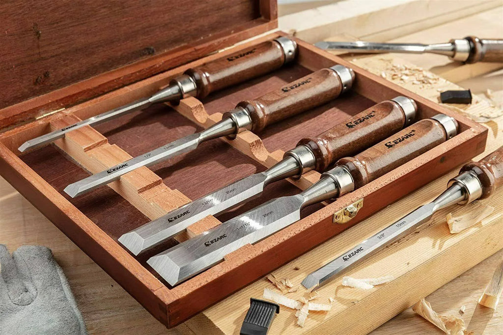 6pc Wood Chisel Set with CRV Steel Black Walnut Handle Wood Storage Box K8646