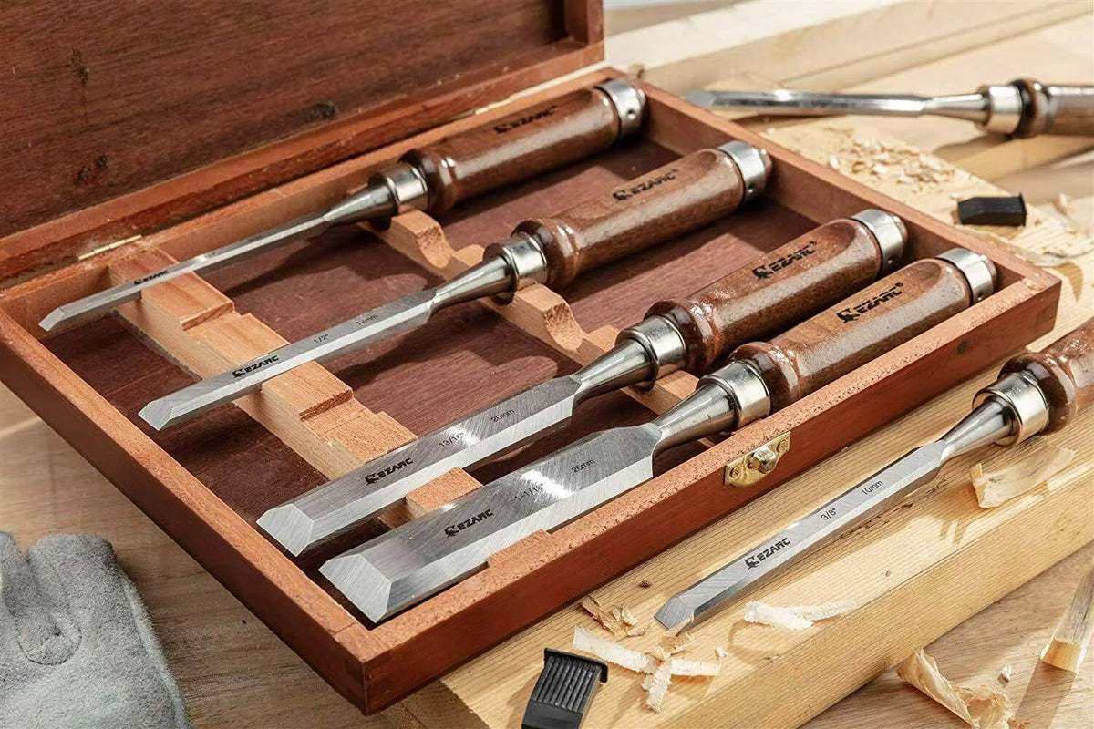 6pc Wood Chisel Set with CRV Steel Black Walnut Handle Wood Storage Box K8646