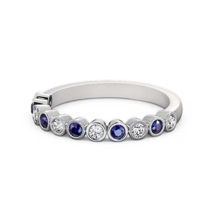 14K White Gold Eternity Band with Round Cut Diamond and Blue Sapphire Q19994