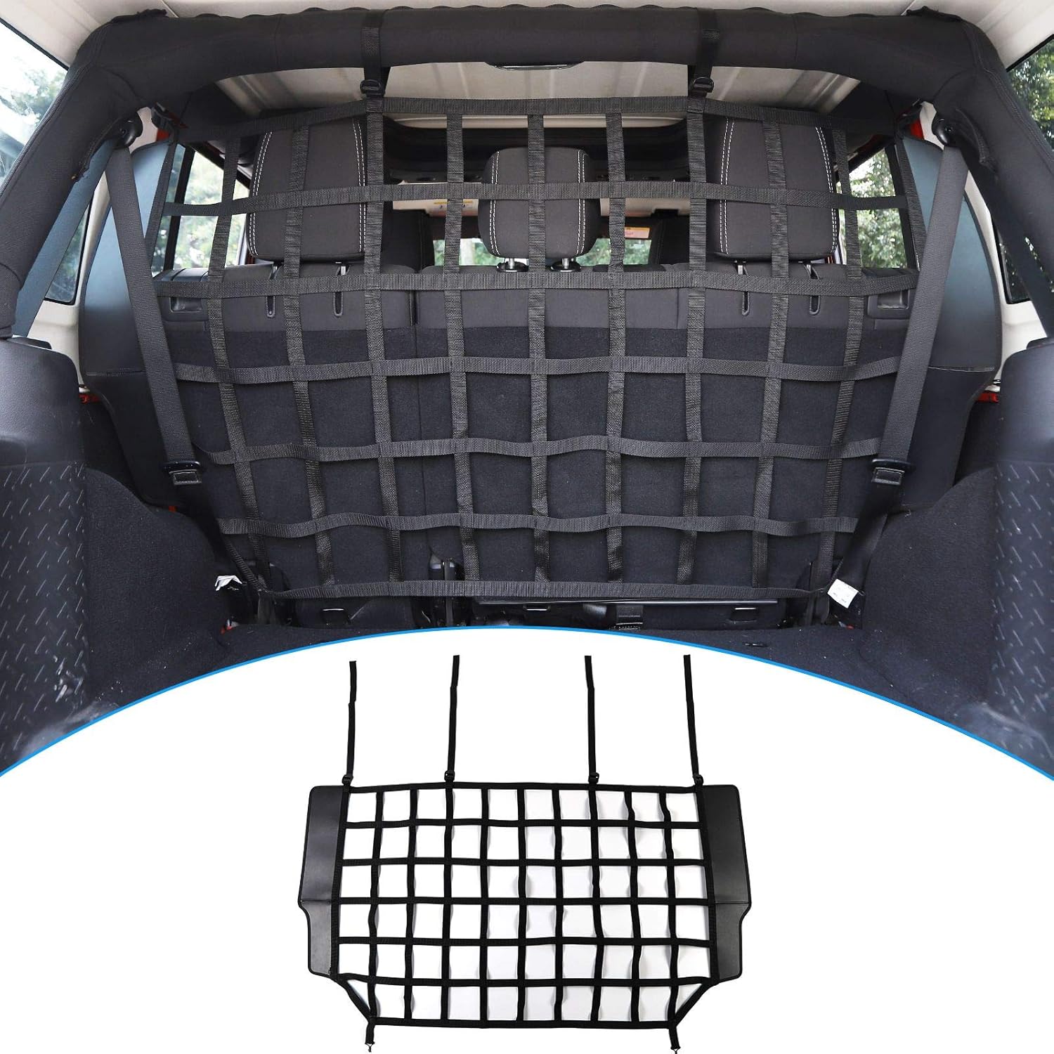 Car Rear Trunk Organizer Isolation Cargo Net, Mesh Dog Barrier Divider Net for Jeep Wrangler JKU & JLU 4 Door 2007-2021 Pack of 2 K81211