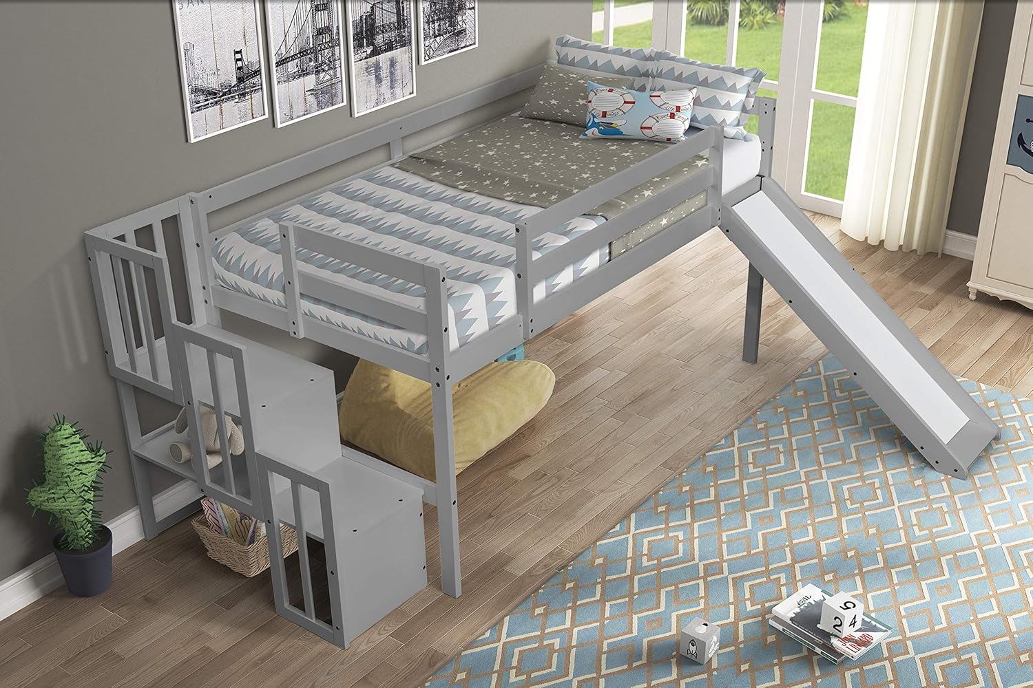Twin Floor Loft Bed with Slide and Storage Staircase, Grey P9630