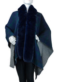 Reversible Plaid Houndstooth Wrap with Faux Mink Trim D89359