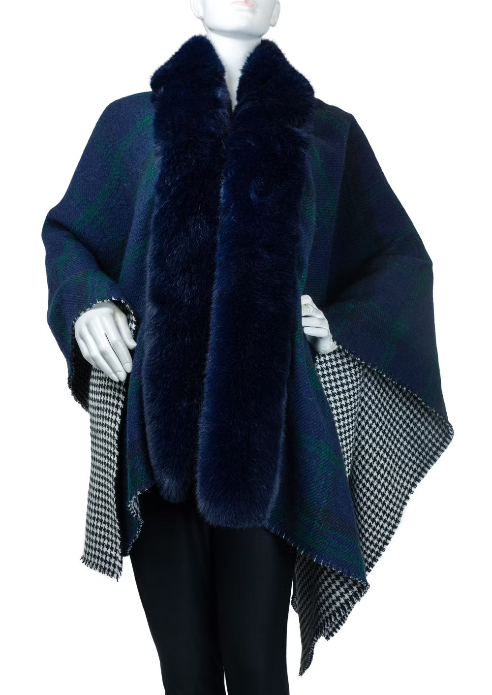 Reversible Plaid Houndstooth Wrap with Faux Mink Trim D89359