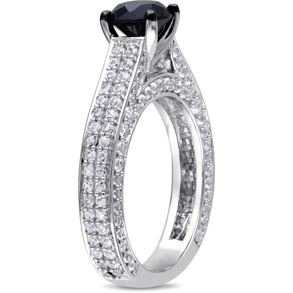3 Carat Black Spinel and Created White Sapphire Sterling Silver Engagement Ring O456