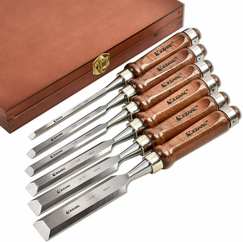 6pc Wood Chisel Set with CRV Steel Black Walnut Handle Wood Storage Box K8646