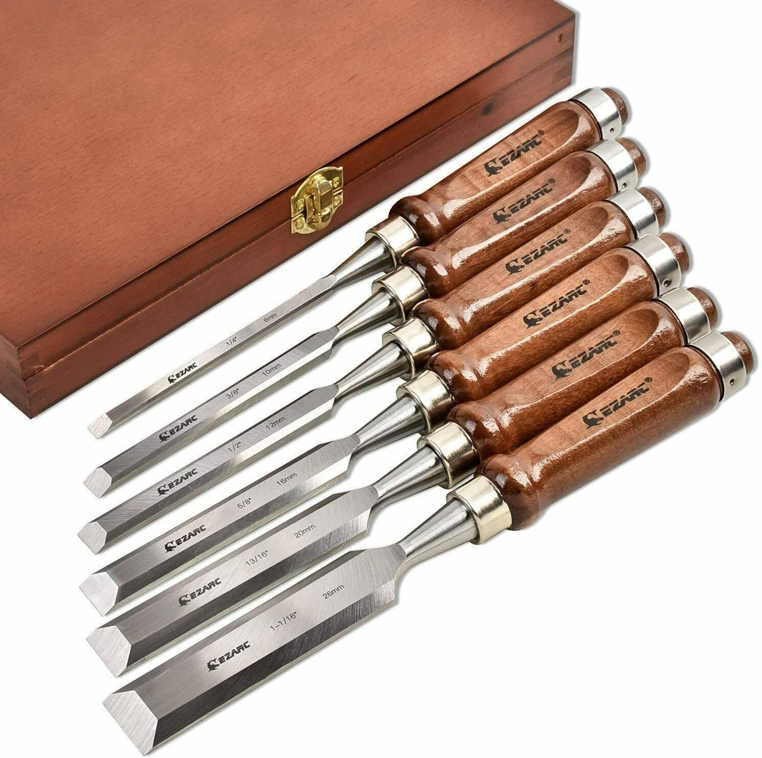 6pc Wood Chisel Set with CRV Steel Black Walnut Handle Wood Storage Box K8646