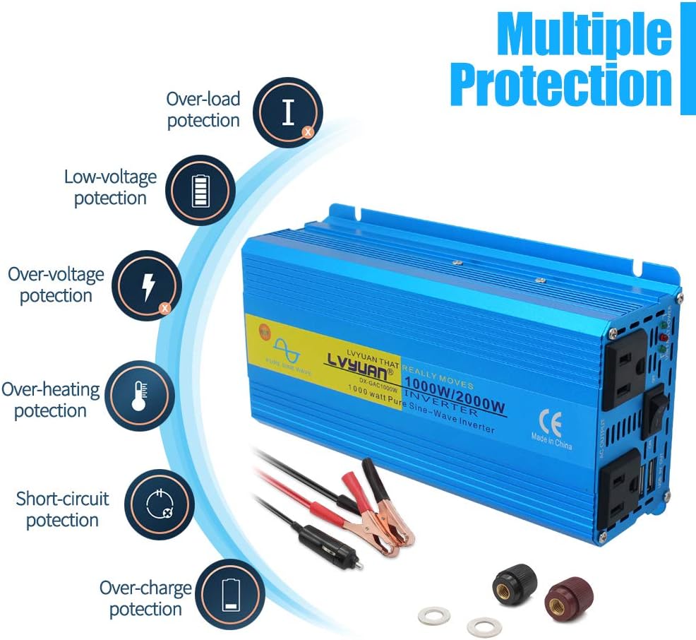 1000W Pure Sine Wave Power Inverter 12V to 110V DC to AC Converter Dual USB Ports Dual AC Outlets Pack of 2 Y39590