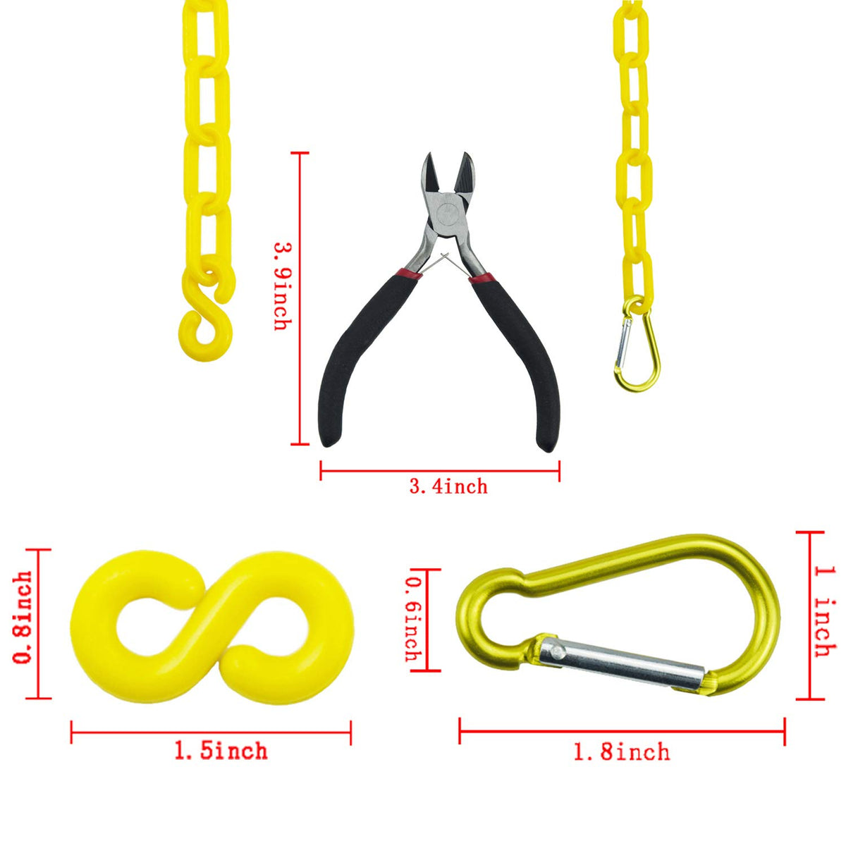 Yellow Plastic Safety Barrier Chain with 12 S-Hooks, 12 Carabiner Clips, 2 Chain Connector Z4932