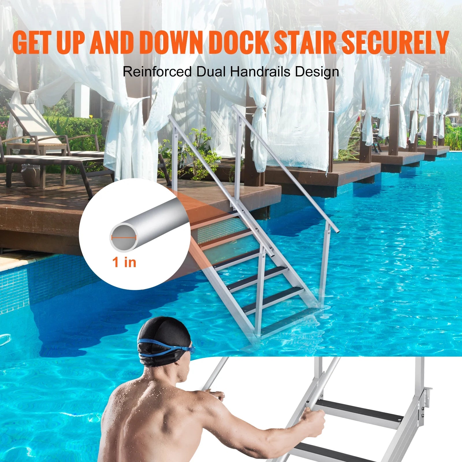 Aluminum Dock Ladder 43-51in Height Adjustable 6 Steps V6356