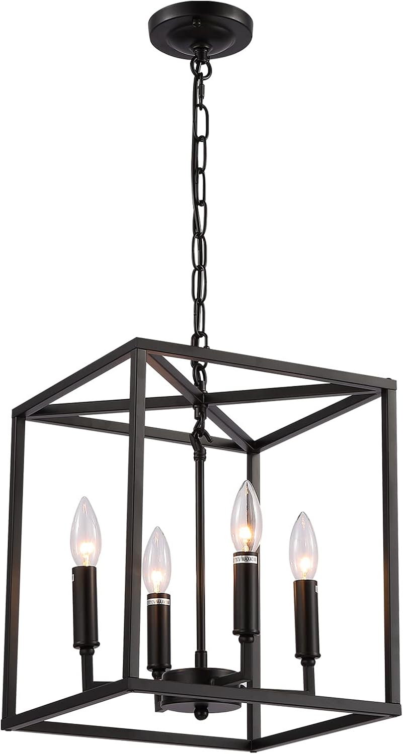 Matte Black 4-Light Metal Cage Pendant Light Chandelier D2674