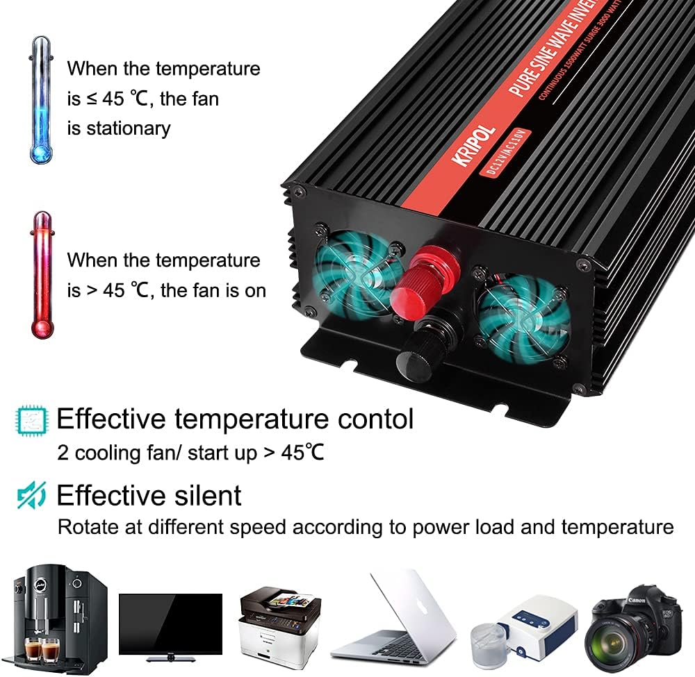 1000 Watt Pure Sine Wave Inverter 12v DC to 110/120v AC with 4 AC and USB Output M17490