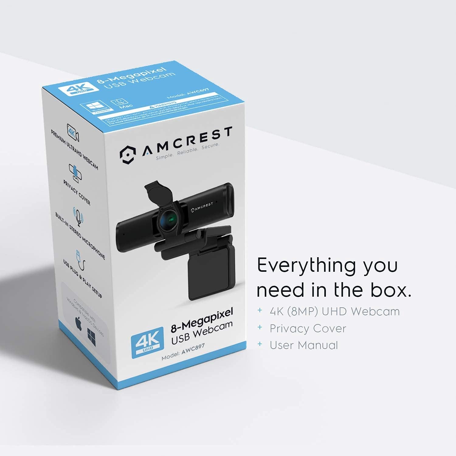 4K Webcam with Microphone & Privacy Cover, USB Camera, Wide Angle Lens U438717