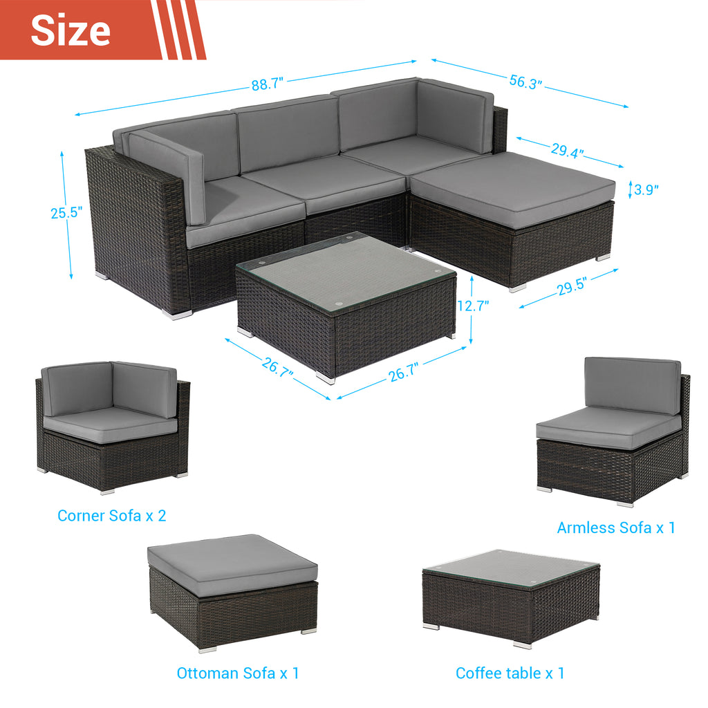 5 Pcs Gray PE Wicker Sectional Sofa Set with Tea Table and Ottoman M232